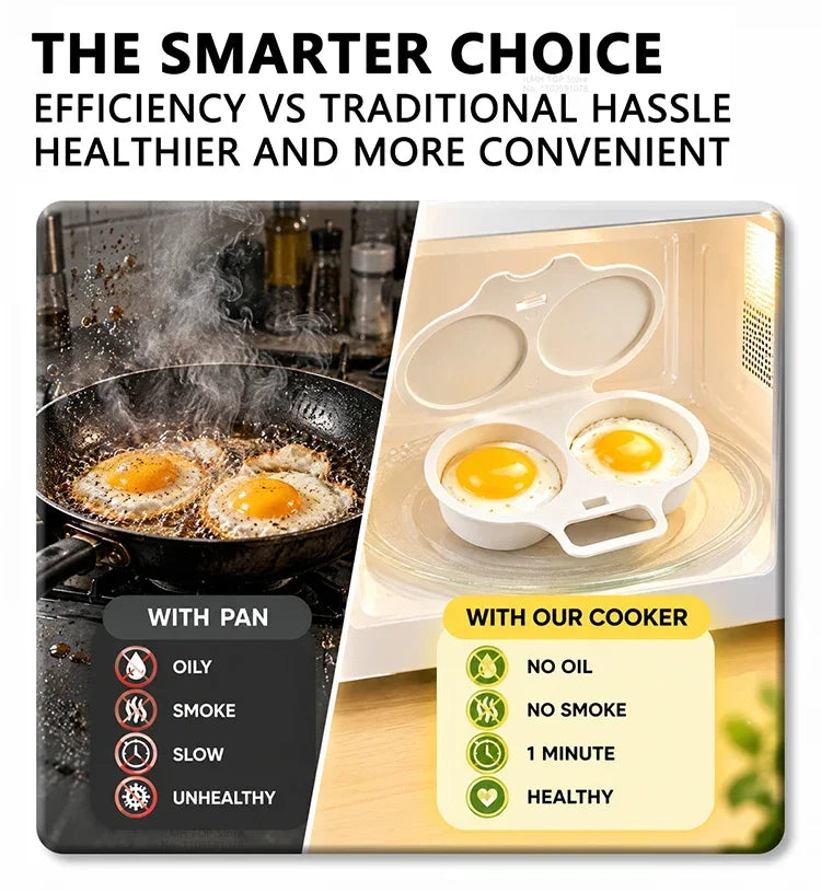 Promotional graphic for a smart egg cooker versus a traditional frying pan. The left side shows eggs frying in a black pan with smoke and text listing drawbacks like oily, smoky, and slow cooking.