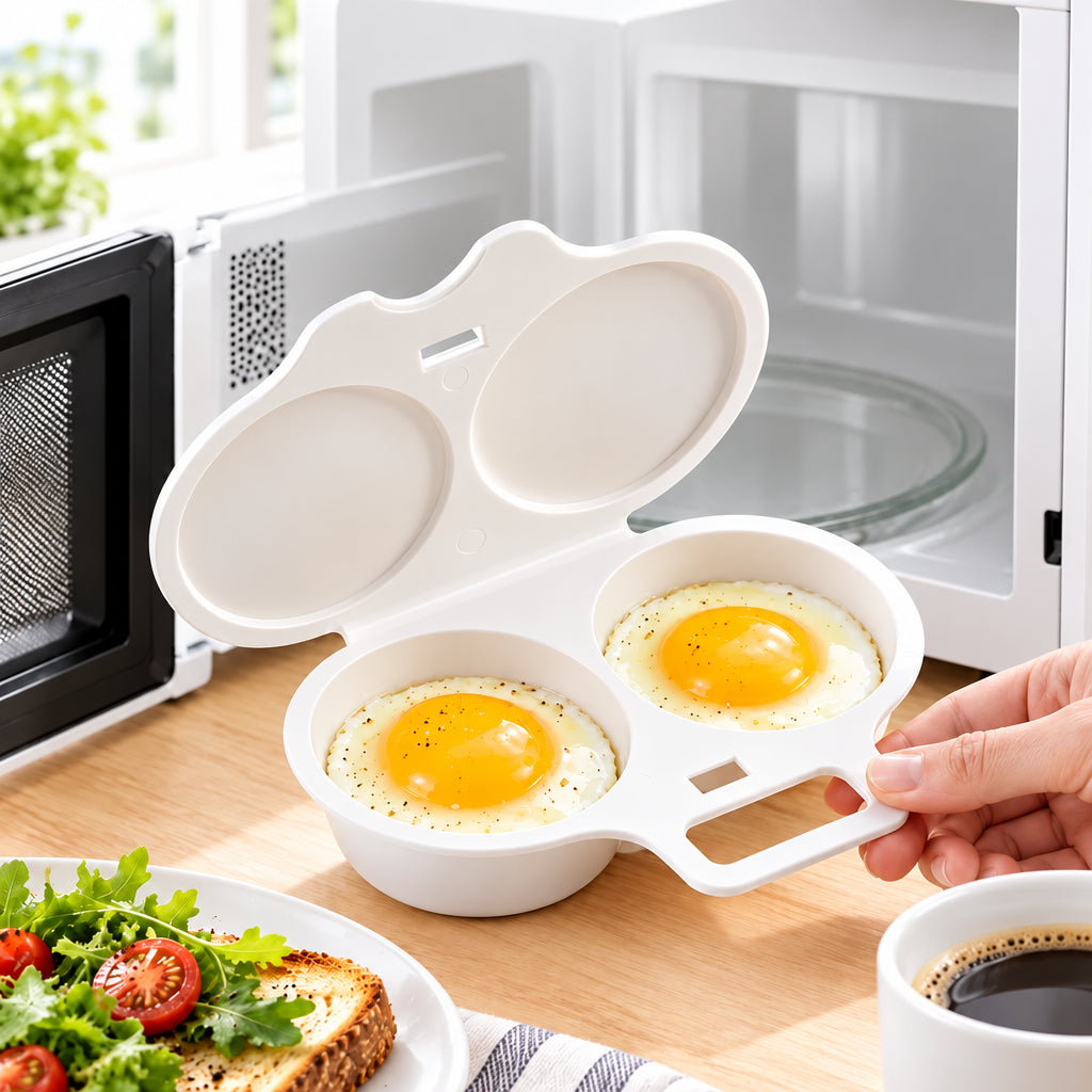 A white ceramic egg-shaped breakfast mold being held by a hand in a kitchen setting, containing two cooked eggs. A plate with toast and salad, a cup of coffee, and a microwave are visible in the background.